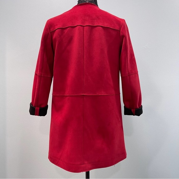 Red Faux Suede Stretch Snap Close Coat Collarless Jacket Pockets Travel - Picture 6 of 16
